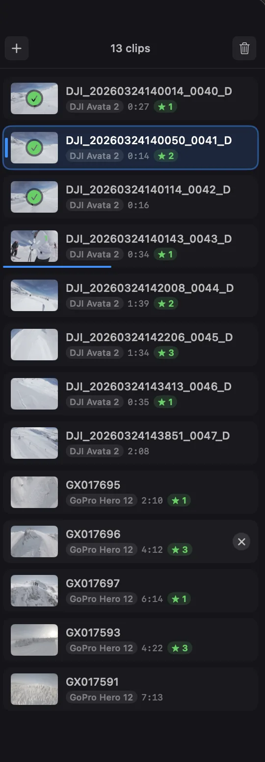 Batch export queue — multiple GoPro, DJI and RunCam clips processed together with Metal GPU acceleration
